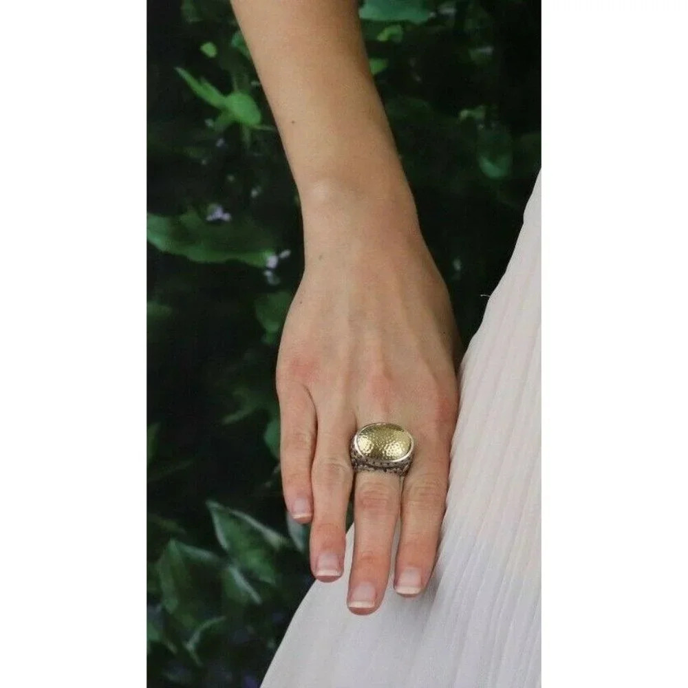 Sterling Silver Large Ring Gold Plated Center with Leaf Design Sides size 8 - Picture 2 of 9